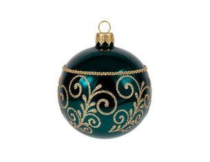 Décoration Noël boule en verre émeraude brillante motif arabesque dorée Ø8cm
