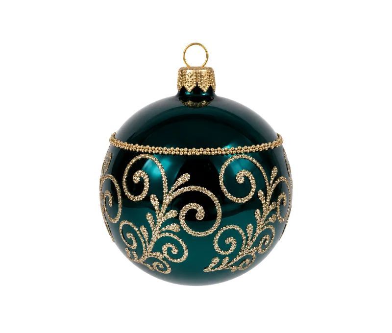 Décoration Noël boule en verre émeraude brillante motif arabesque dorée Ø8cm