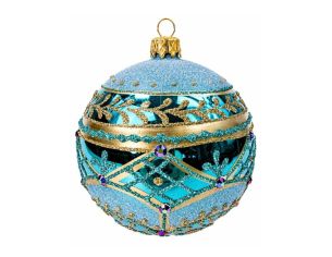 Décoration Noël boule en verre turquoise brillante motif impérial doré cristaux Ø10cm