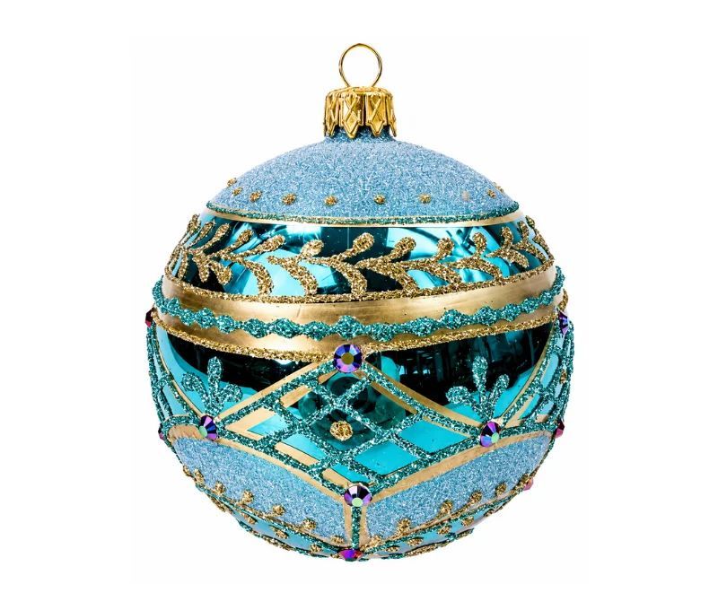 Décoration Noël boule en verre turquoise brillante motif impérial doré cristaux Ø10cm