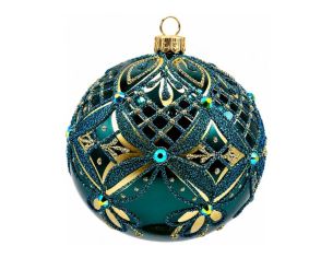 Décoration Noël boule en verre émeraude brillante motif impérial doré cristaux Ø10cm