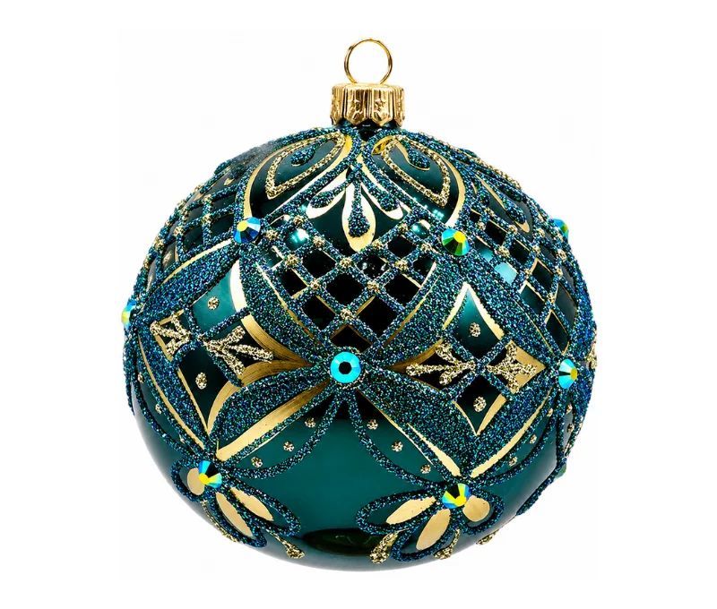 Décoration Noël boule en verre émeraude brillante motif impérial doré cristaux Ø10cm