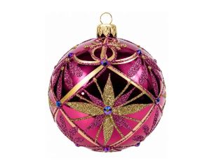Décoration Noël boule en verre fuchsia brillante motif impérial doré étoiles cristaux Ø10cm