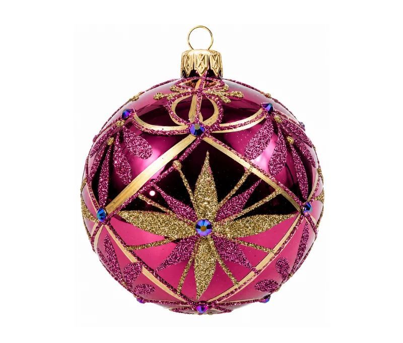 Décoration Noël boule en verre fuchsia brillante motif impérial doré étoiles cristaux Ø10cm