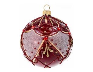 Décoration Noël boule en verre bordeaux brillante motif impérial doré argenté cristaux rouges Ø10cm