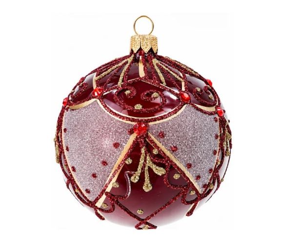 Décoration Noël boule en verre bordeaux brillante motif impérial doré argenté cristaux rouges Ø10cm