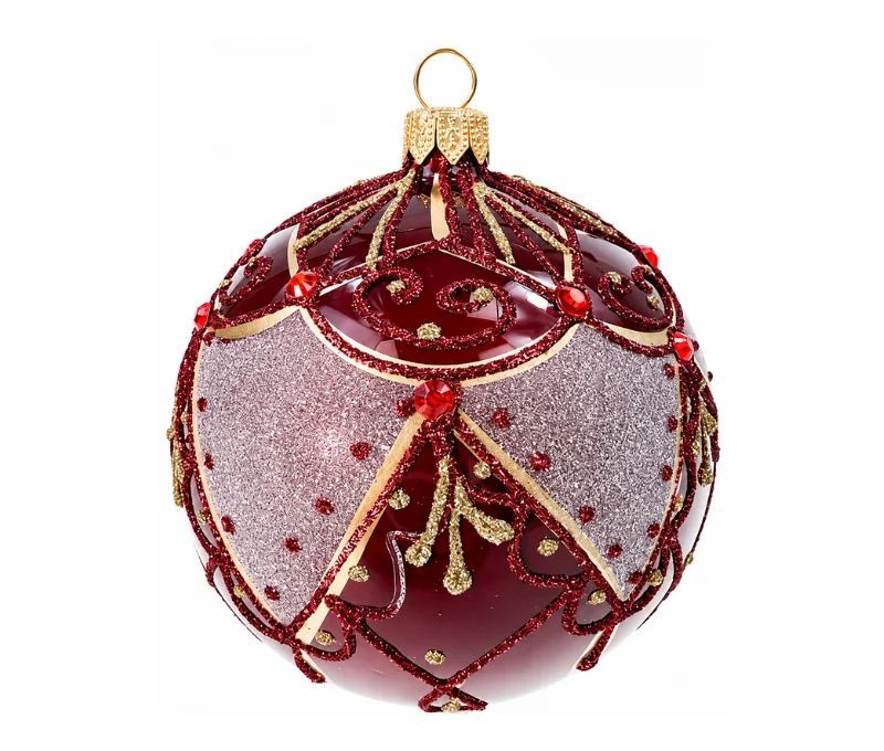 Décoration Noël boule en verre bordeaux brillante motif impérial doré argenté cristaux rouges Ø10cm