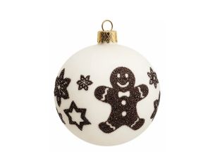 Décoration Noël boule en verre blanche mate motif bonhomme pain d'épices flocons étoiles pailletés marron Ø8cm