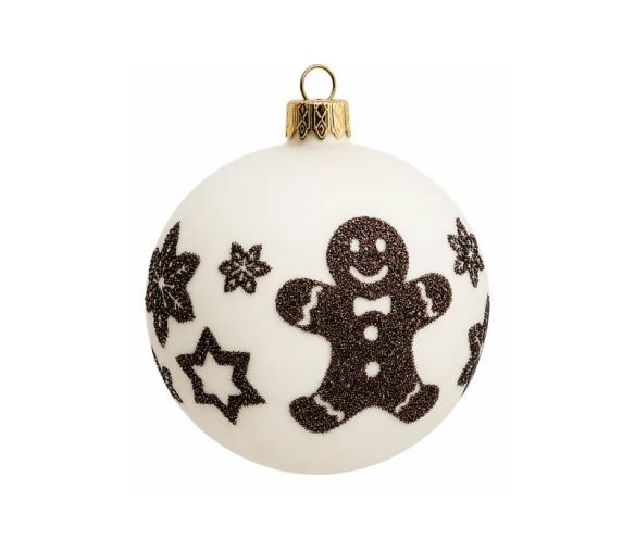 Décoration Noël boule en verre blanche mate motif bonhomme pain d'épices flocons étoiles pailletés marron Ø8cm