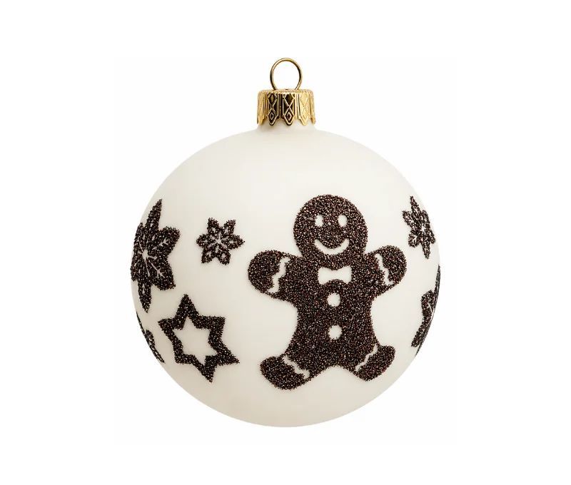 Décoration Noël boule en verre blanche mate motif bonhomme pain d'épices flocons étoiles pailletés marron Ø8cm