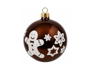 Décoration Noël boule en verre marron brillante motif bonhomme pain d'épices flocons étoiles pailletés blancs Ø8cm