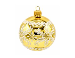 Décoration Noël boule en verre dorée brillante motif flocon de neige blanc pailleté frise feuillage Ø8cm