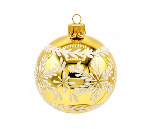 Décoration Noël boule en verre dorée brillante motif flocon de neige blanc pailleté frise feuillage Ø8cm