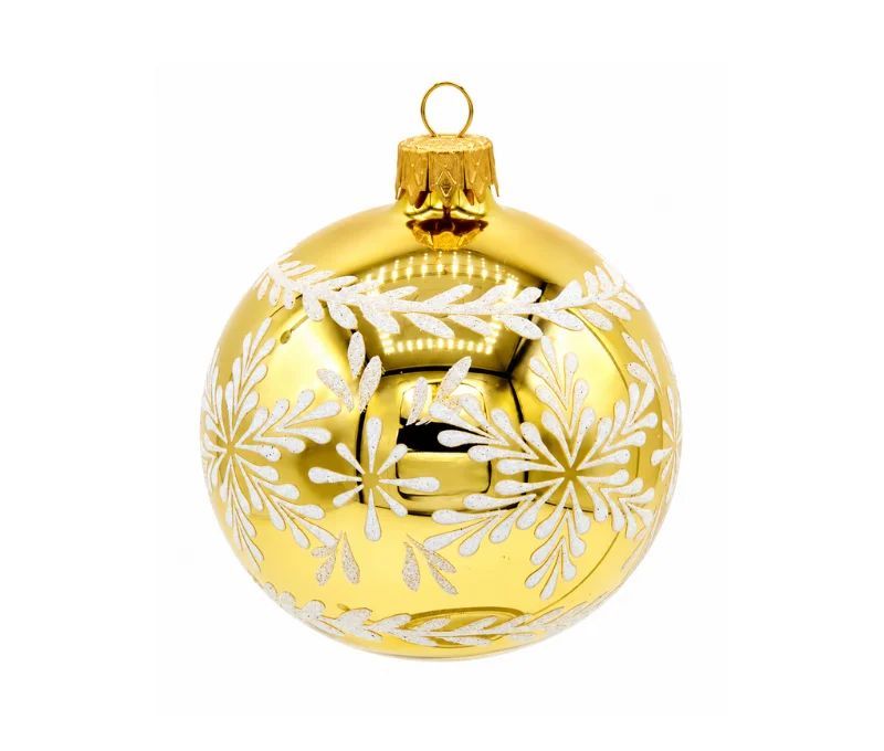 Décoration Noël boule en verre dorée brillante motif flocon de neige blanc pailleté frise feuillage Ø8cm