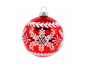 Décoration Noël boule en verre rouge brillante motif flocon de neige blanc pailleté frise feuillage Ø8cm