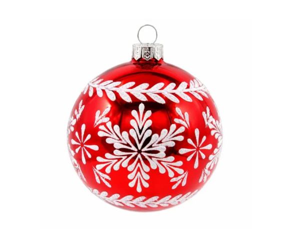 Décoration Noël boule en verre rouge brillante motif flocon de neige blanc pailleté frise feuillage Ø8cm