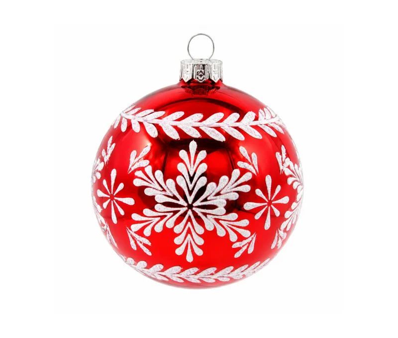 Décoration Noël boule en verre rouge brillante motif flocon de neige blanc pailleté frise feuillage Ø8cm