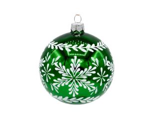 Décoration Noël boule en verre verte brillante motif flocon de neige blanc pailleté frise feuillage Ø8cm