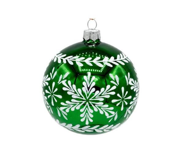 Décoration Noël boule en verre verte brillante motif flocon de neige blanc pailleté frise feuillage Ø8cm