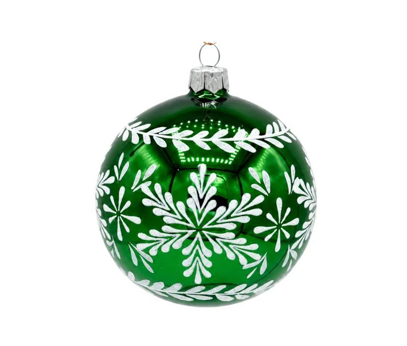 Décoration Noël boule en verre verte brillante motif flocon de neige blanc pailleté frise feuillage Ø8cm