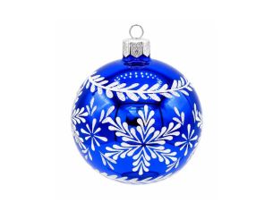 Décoration Noël boule en verre bleue brillante motif flocon de neige blanc pailleté frise feuillage Ø8cm