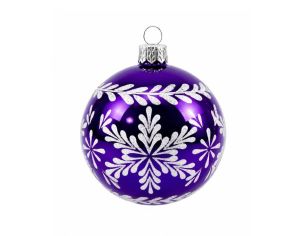 Décoration Noël boule en verre mauve brillante motif flocon de neige blanc pailleté frise feuillage Ø8cm