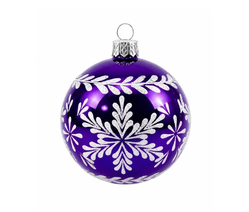 Décoration Noël boule en verre mauve brillante motif flocon de neige blanc pailleté frise feuillage Ø8cm