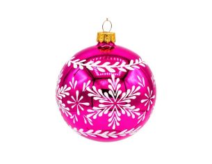 Décoration Noël boule en verre rose brillante motif flocon de neige blanc pailleté frise feuillage Ø8cm