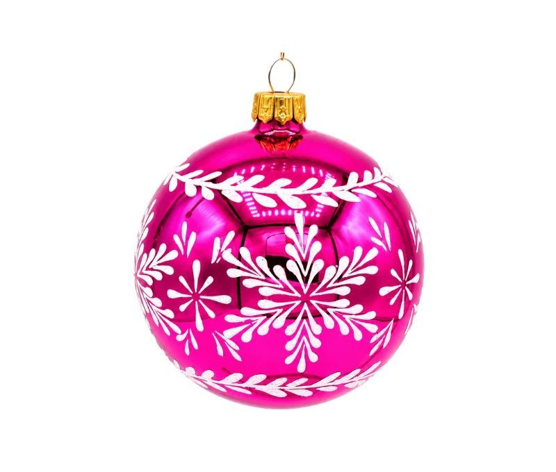 Décoration Noël boule en verre rose brillante motif flocon de neige blanc pailleté frise feuillage Ø8cm