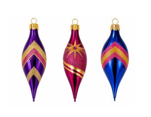 Coffret de Noël 3 gouttes rétro pop verre violet rose or fuchsia étoile paillettes bleu chevrons capuchon doré 12cm
