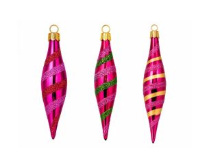 Coffret de Noël 3 gouttes fuchsia verre rayures torsadées rouge rose vert doré capuchon doré 12cm