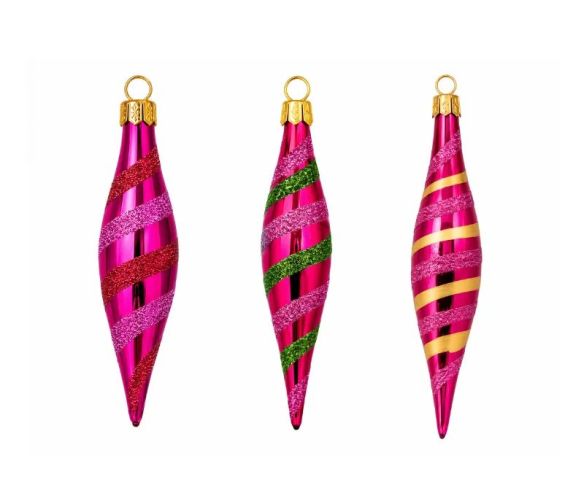 Coffret de Noël 3 gouttes fuchsia verre rayures torsadées rouge rose vert doré capuchon doré 12cm