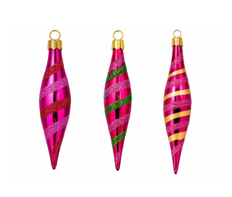 Coffret de Noël 3 gouttes fuchsia verre rayures torsadées rouge rose vert doré capuchon doré 12cm