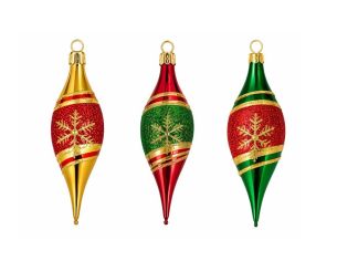 Coffret de Noël 3 gouttes verre doré rouge vert flocon de neige pailleté doré rayures capuchon doré 12cm