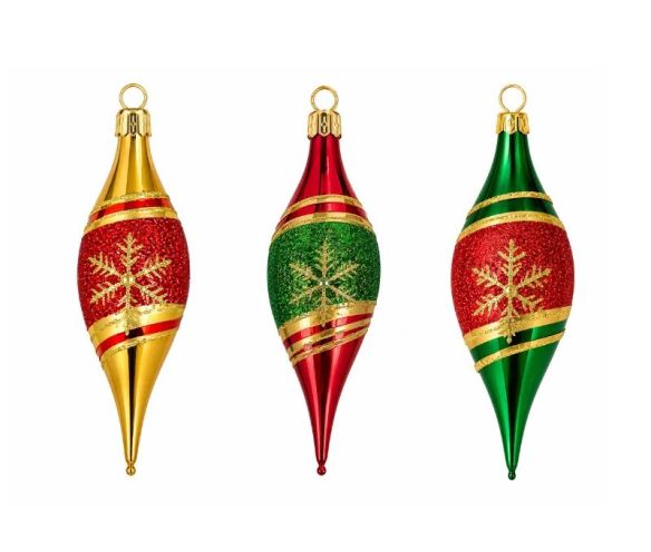 Coffret de Noël 3 gouttes verre doré rouge vert flocon de neige pailleté doré rayures capuchon doré 12cm