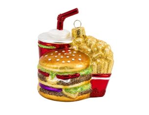 Décoration de Noël boule en verre menu burger frites boisson doré rouge blanc vert paillettes H13 x l10cm