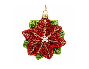 Suspension Poinsettia verre soufflé rouge pétales pailletés veines dorées perles blanches feuilles vertes anneau doré Ø10cm