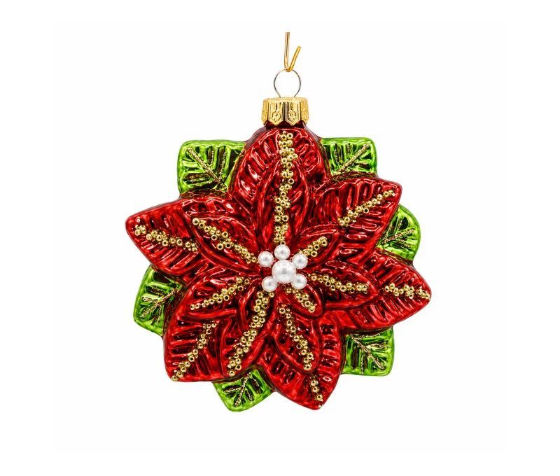 Suspension Poinsettia verre soufflé rouge pétales pailletés veines dorées perles blanches feuilles vertes anneau doré Ø10cm