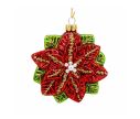 Voir la slide Suspension Poinsettia verre soufflé rouge pétales pailletés veines dorées perles blanches feuilles vertes anneau doré Ø10cm