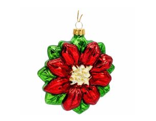 Suspension Poinsettia verre soufflé rouge pétales lisses cœur pailleté doré feuilles vertes anneau doré Ø10cm