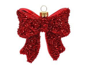 Suspension nœud en verre rouge pailleté bordure brillante capuchon doré 10x8x2cm