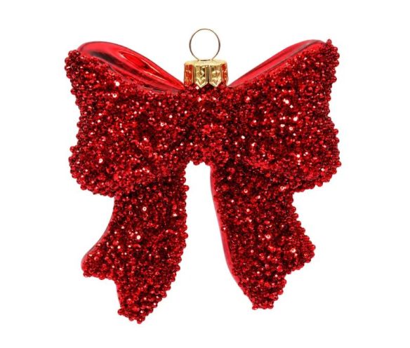 Suspension nœud en verre rouge pailleté bordure brillante capuchon doré 10x8x2cm