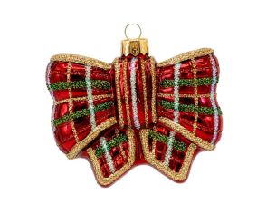 Suspension nœud en verre tartan rouge quadrillage doré rayures vertes blanches pailletées capuchon doré 7x8x2cm