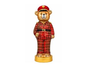 Décoration de Noël figurine ours en verre soufflé costume tartan rouge vert doré béret rouge et noir socle doré H30cm