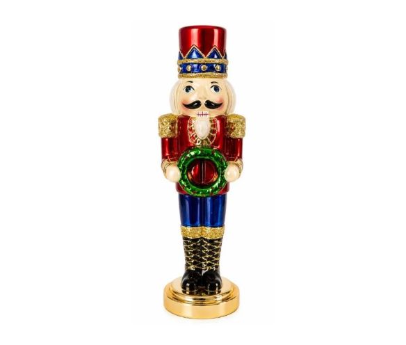 Décoration de Noël figurine casse-noisette en verre soufflé uniforme rouge bleu doré couronne de Noël verte socle doré H30cm