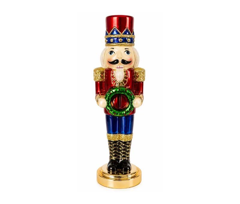 Décoration de Noël figurine casse-noisette en verre soufflé uniforme rouge bleu doré couronne de Noël verte socle doré H30cm