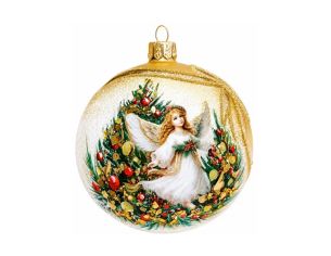 Décoration Noël boule en verre dorée pailletée motif ange scène de sapin de Noël Ø10cm
