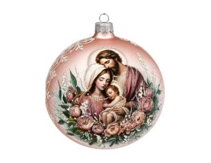 Décoration Noël boule en verre rose mate motif Sainte Famille fleurs roses blanches Ø10cm