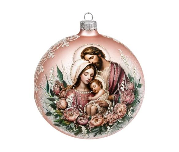 Décoration Noël boule en verre rose mate motif Sainte Famille fleurs roses blanches Ø10cm