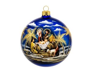 Boule de Noël en verre bleu mat crèche Marie Joseph enfant Jésus berger mouton palmiers dorés étoiles nuages dorés Ø10cm